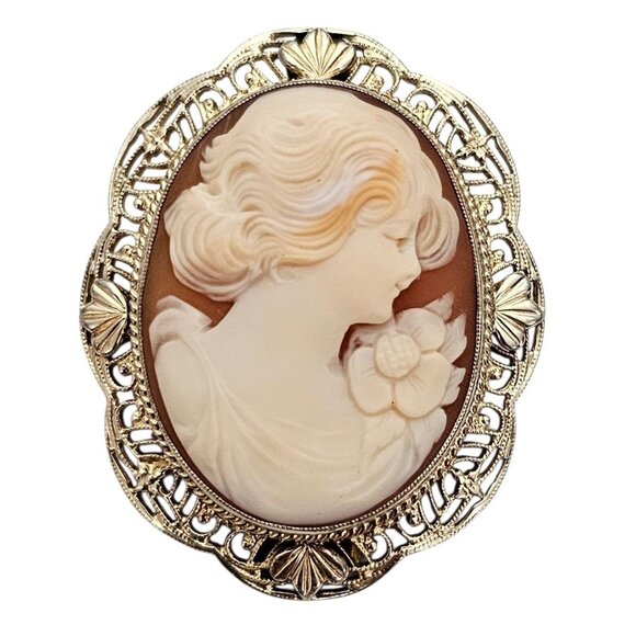 Symmetalic Sterling 12K Gold Shell Carved Cameo Brooch Pendant, Signed - Picture 1 of 11